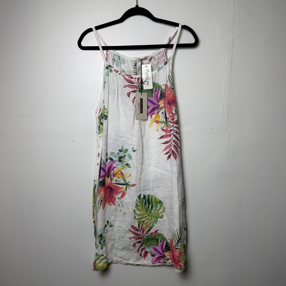 Lungo L'arno Linen Dress Womens Size Med White Floral Midi Coastal Beach